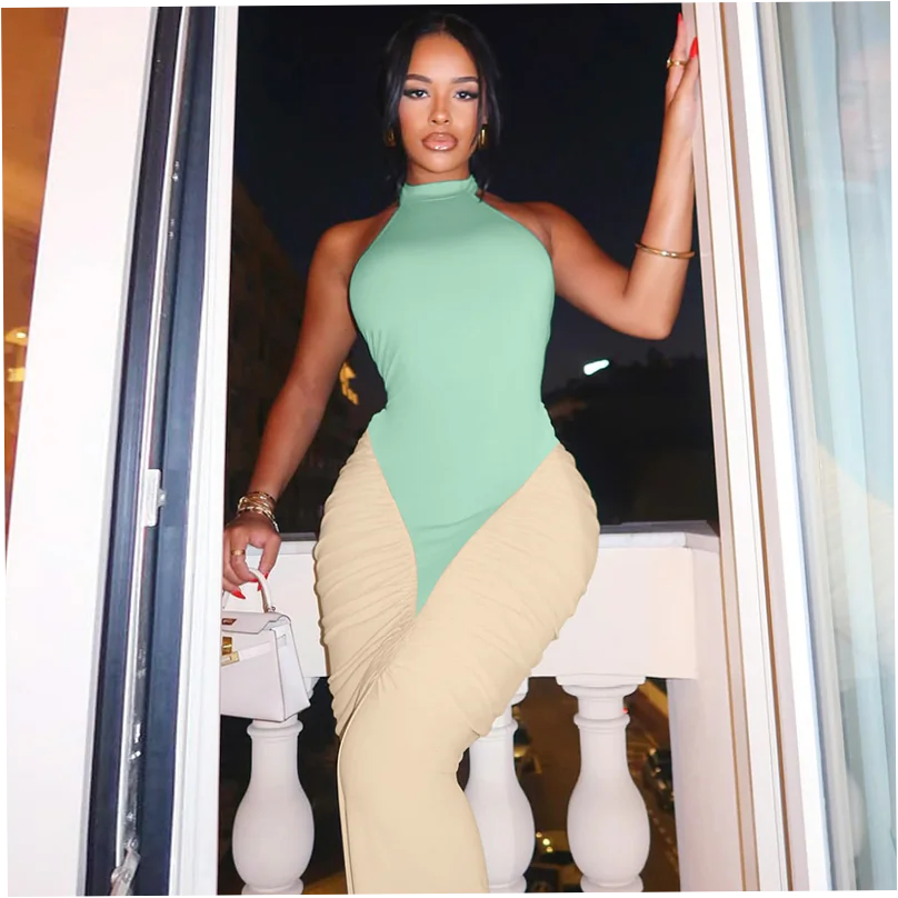 Sexy Backless Halter Neck Patchwork Color Block Long Bodycon Dress