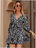 Floral Tie Long Sleeve High Waist Full Skirt Dress - Image 4