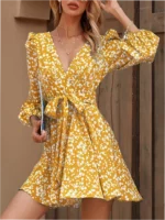 Floral Tie Long Sleeve High Waist Full Skirt Dress - Image 3