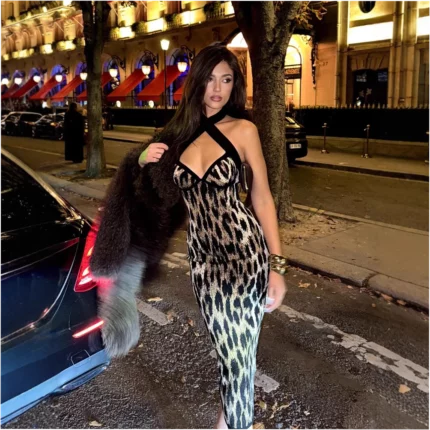 Retro Trendy Leopard Print Halter Neck Slim Fit Dress