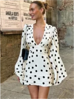 Polka Dot Print Sexy Deep V-Neck Slim Fit Flared Sleeve Bodycon Dress - Image 2