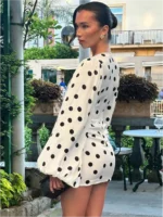 Polka Dot Print Sexy Deep V-Neck Slim Fit Flared Sleeve Bodycon Dress - Image 3