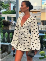 Polka Dot Print Sexy Deep V-Neck Slim Fit Flared Sleeve Bodycon Dress - Image 4
