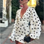 Polka Dot Print Sexy Deep V-Neck Slim Fit Flared Sleeve Bodycon Dress