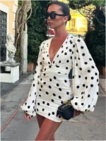 Polka Dot Print Sexy Deep V-Neck Slim Fit Flared Sleeve Bodycon Dress