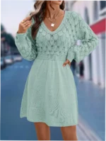 Scale Pattern 3D Crochet V-Neck Long Sleeve Dress - Image 3