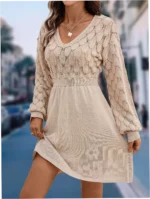 Scale Pattern 3D Crochet V-Neck Long Sleeve Dress - Image 2