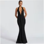 Sexy Deep V-Neck Backless Fishtail Dress with Tie and Pleated Ruffles