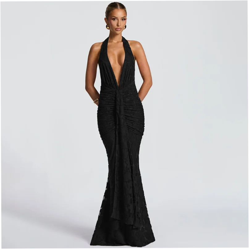 Sexy Deep V-Neck Backless Fishtail Dress with Tie and Pleated Ruffles