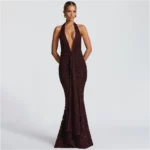 Sexy Deep V-Neck Backless Fishtail Dress with Tie and Pleated Ruffles - Image 2