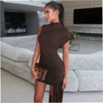 Fashionable Slim Fit Pleated Ribbon Bodycon Irregular Sleeveless Dress - Image 3