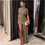 Fashionable Slim Fit Pleated Ribbon Bodycon Irregular Sleeveless Dress - Image 2