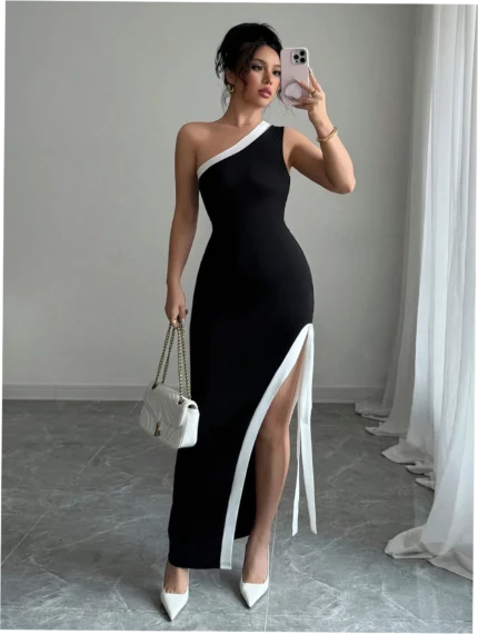 Elegant Sexy Color Block Slit Dress