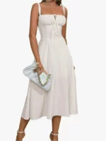Slim Waist Boobs Shaped Slit Tie-Waist Bodycon Spaghetti Strap Dress - Image 5
