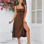 Slim Waist Boobs Shaped Slit Tie-Waist Bodycon Spaghetti Strap Dress - Image 4