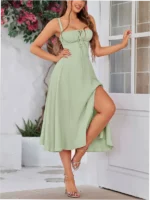 Slim Waist Boobs Shaped Slit Tie-Waist Bodycon Spaghetti Strap Dress - Image 8