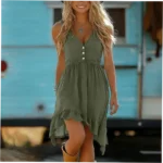 Solid color halter V-neck sleeveless cotton linen dress with irregular ruffle hem, vacation style