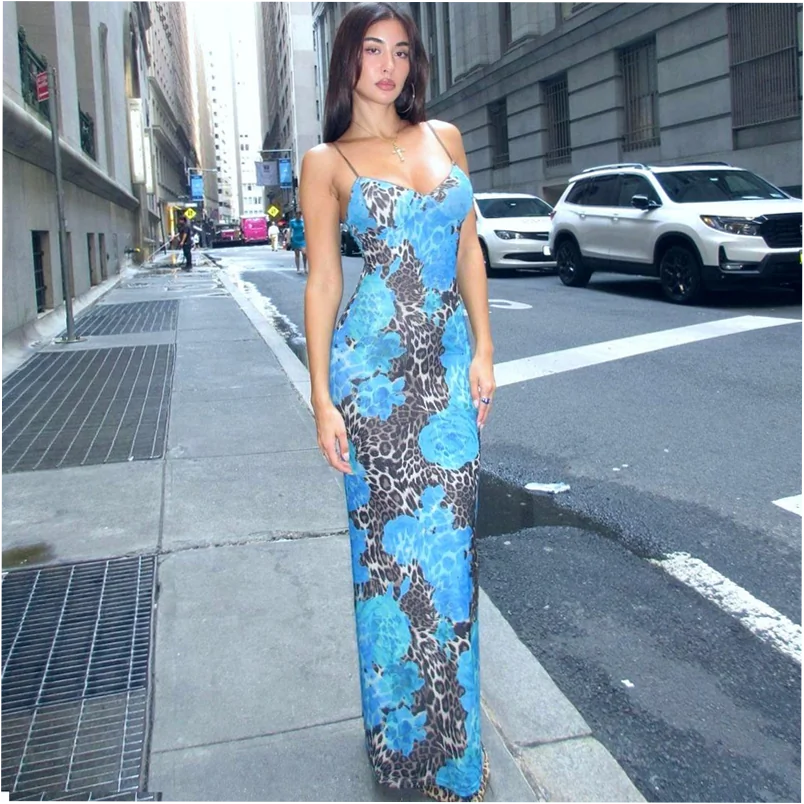Street Style Elegant Slim Fit Printed Spaghetti Strap Dress