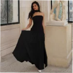 Stylish and Elegant Strapless Slim Fit Solid Color Slit Backless Dress with Flowy Ribbons - Image 5
