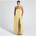 Stylish and Elegant Strapless Slim Fit Solid Color Slit Backless Dress with Flowy Ribbons - Image 2