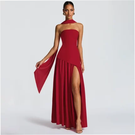 Stylish and Elegant Strapless Slim Fit Solid Color Slit Backless Dress with Flowy Ribbons