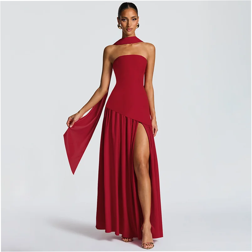 Stylish and Elegant Strapless Slim Fit Solid Color Slit Backless Dress with Flowy Ribbons