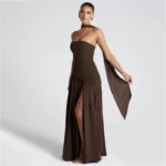 Stylish and Elegant Strapless Slim Fit Solid Color Slit Backless Dress with Flowy Ribbons - Image 4