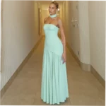 Stylish and Elegant Strapless Slim Fit Solid Color Slit Backless Dress with Flowy Ribbons - Image 7