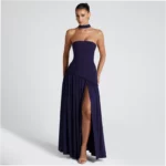 Stylish and Elegant Strapless Slim Fit Solid Color Slit Backless Dress with Flowy Ribbons - Image 8
