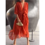 Solid color tie-waist asymmetrical dress - Image 6