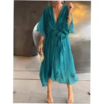 Solid color tie-waist asymmetrical dress - Image 4