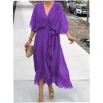 Solid color tie-waist asymmetrical dress - Image 9