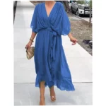 Solid color tie-waist asymmetrical dress - Image 11